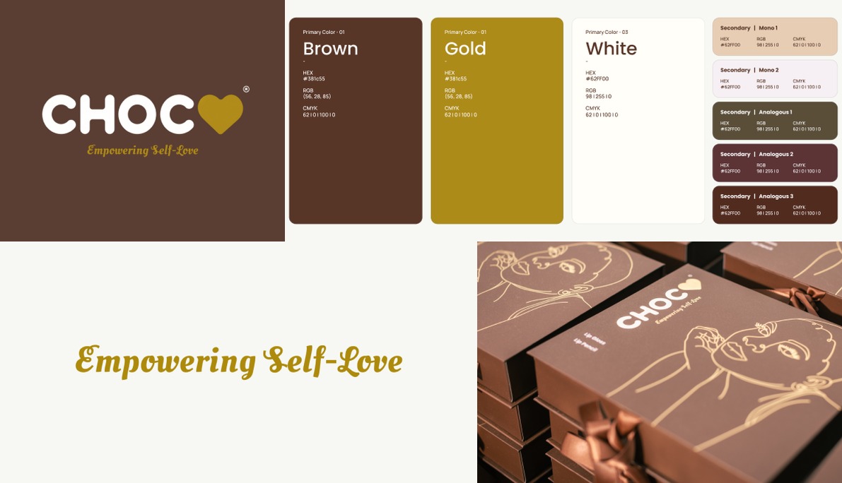 CHOC visual identity: colour palette, Poppins typography, logo variants and product packaging.