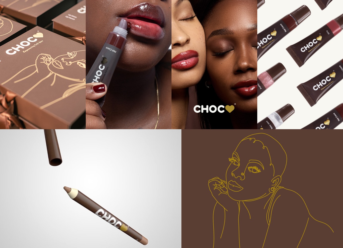 CHOC product packaging: box dielines and 3D renders showing embossing, gold foil and matte finishes.