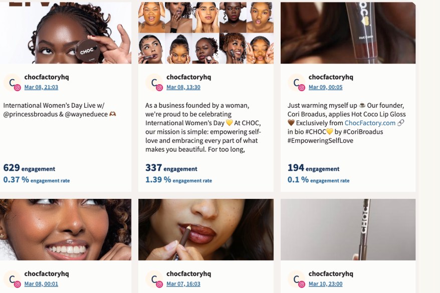 Social media content grid: four @chocfactoryhq Instagram posts from the launch period.