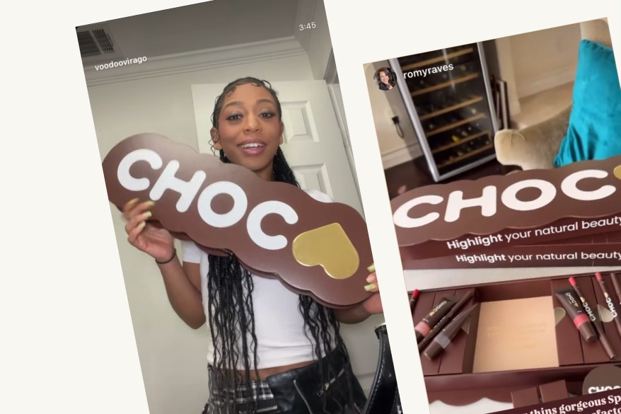 Influencer unboxing content: two TikTok stills from the CHOC Influencer Box campaign.
