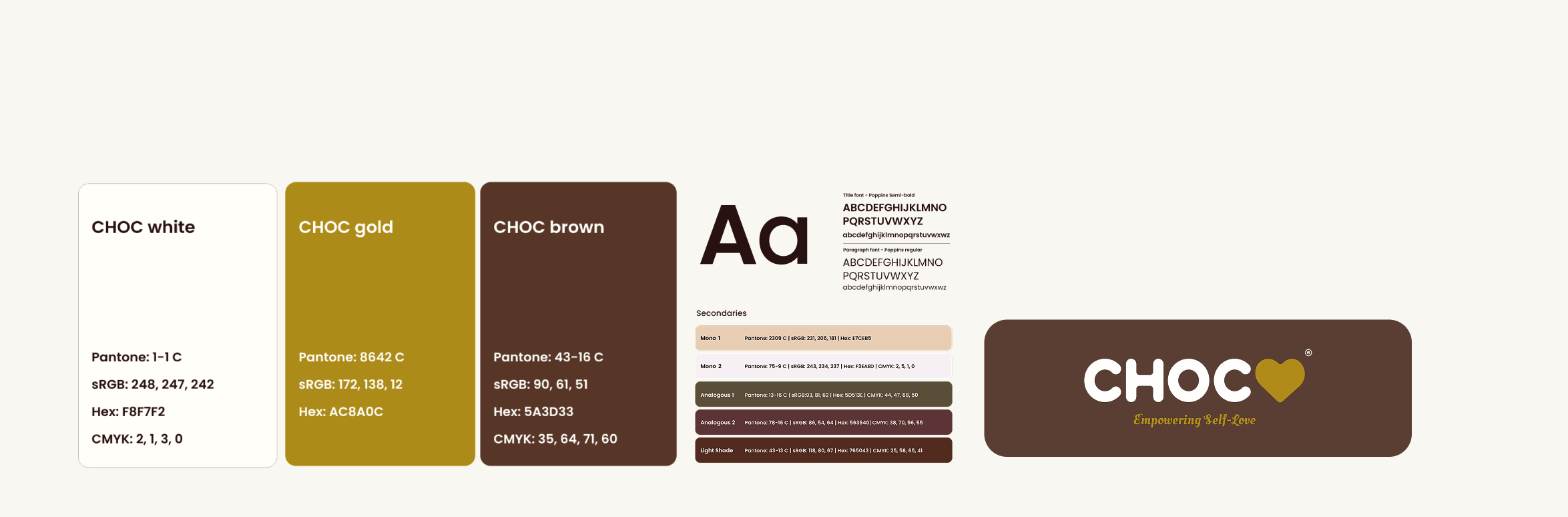 CHOC visual identity: colour palette, Poppins typography, logo variants and product packaging.