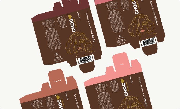 CHOC product packaging boxes with line-art illustration