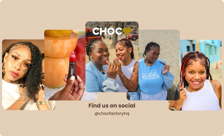 Group of models with CHOC products, find us on social panel