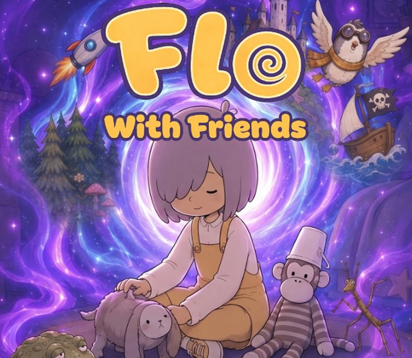 Flo With Friends title art: Flo with her rabbit and monkey inside the purple vortex, a rocket, an owl and a pirate ship around her