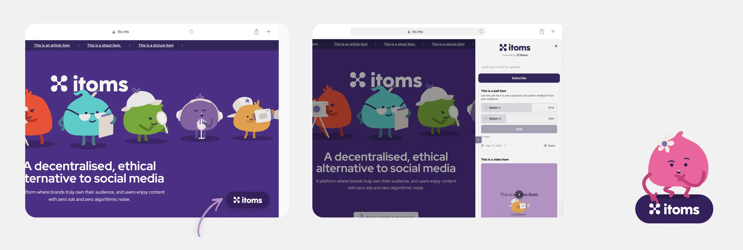 A brand site with the itoms launcher in the corner, and the same site with the widget expanded into a feed of posts.