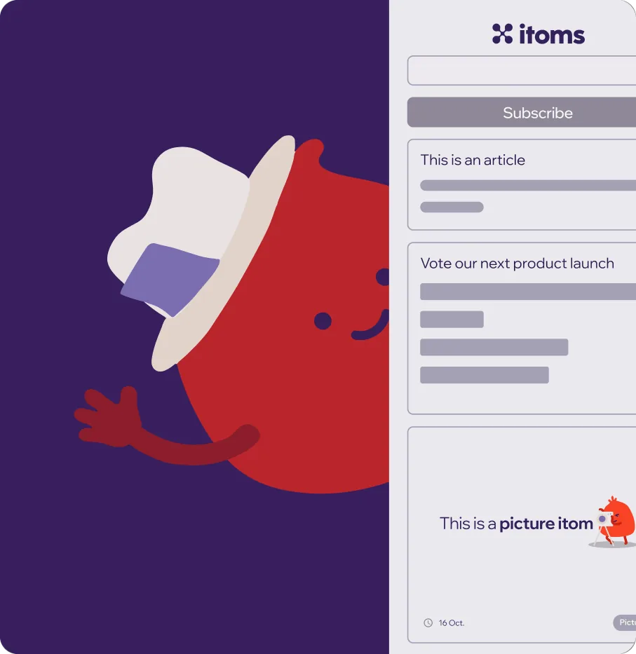 The embedded itoms feed showing a subscribe field, an article, a product-launch poll and a picture post