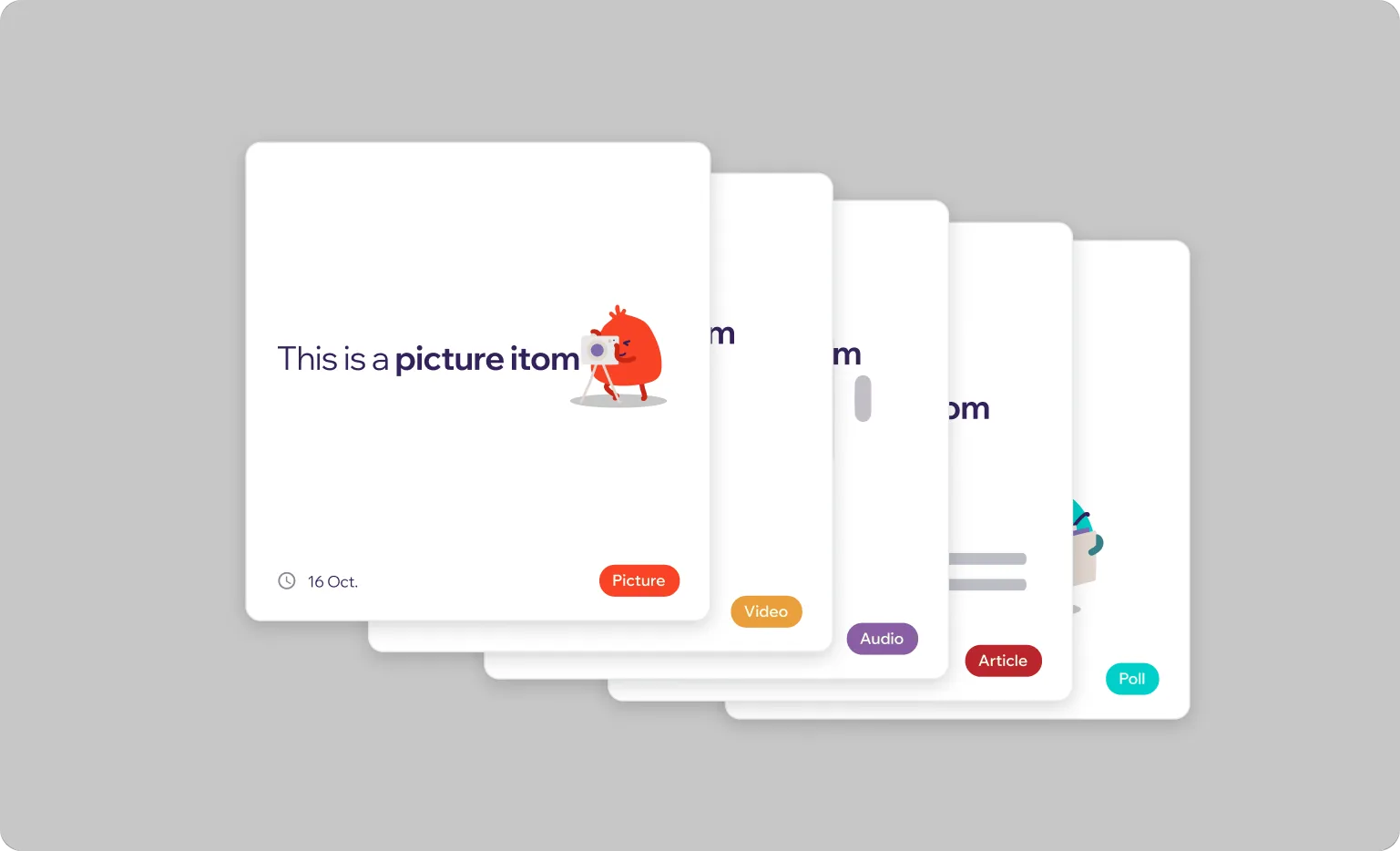 A fanned stack of itoms content cards tagged Picture, Video, Audio, Article and Poll