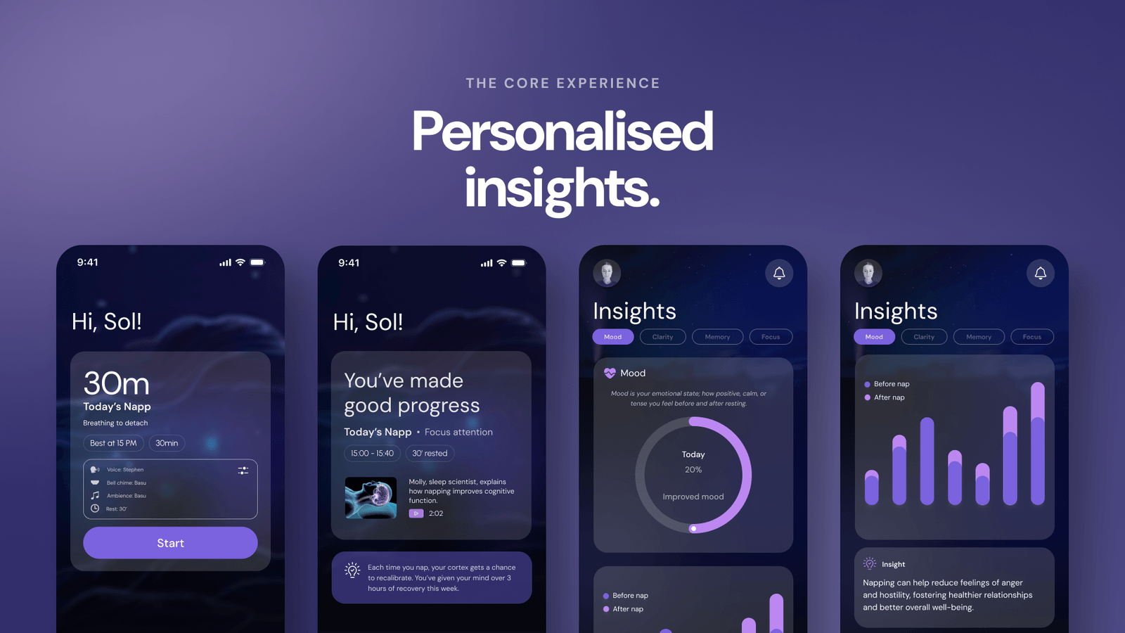 Personalised insights: four Napp screens tracking mood, clarity, memory and focus