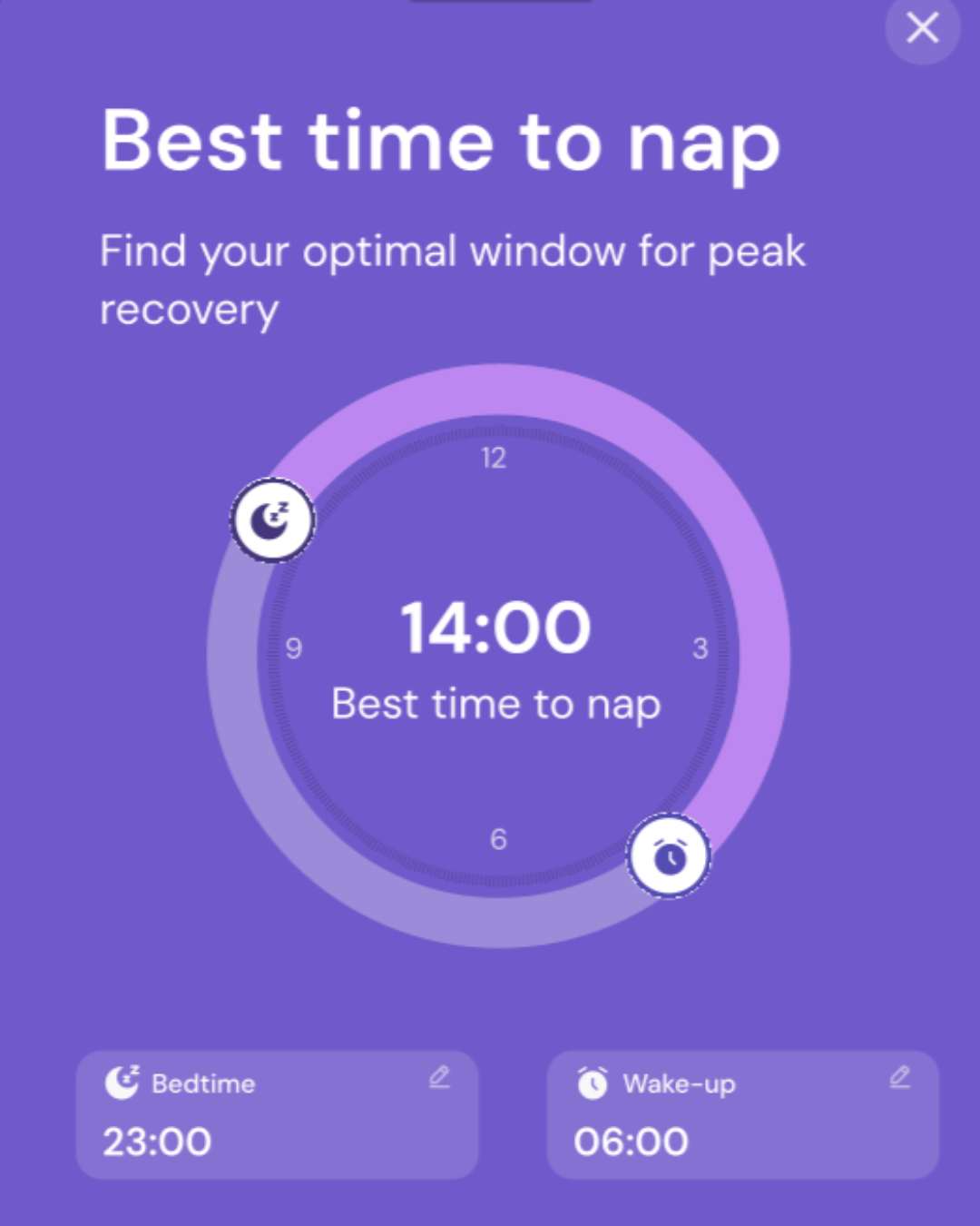 Napp's 'Best time to nap' screen on a phone, with bedtime and wake-up controls