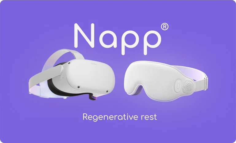 The Napp VR headset and sleep mask on purple beneath the Napp wordmark, captioned Regenerative rest