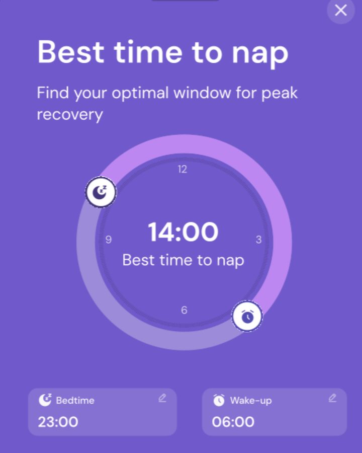 Napp's 'Best time to nap' screen showing an optimal 14:00 window with bedtime and wake-up times