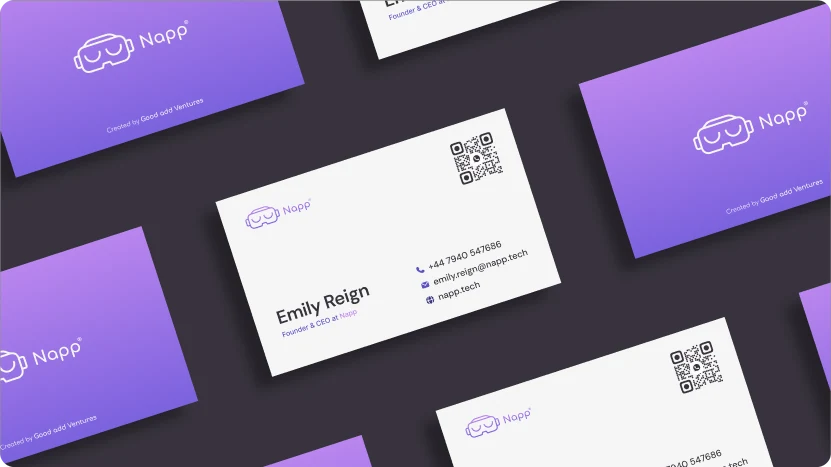 Napp business cards and stationery scattered on a dark surface