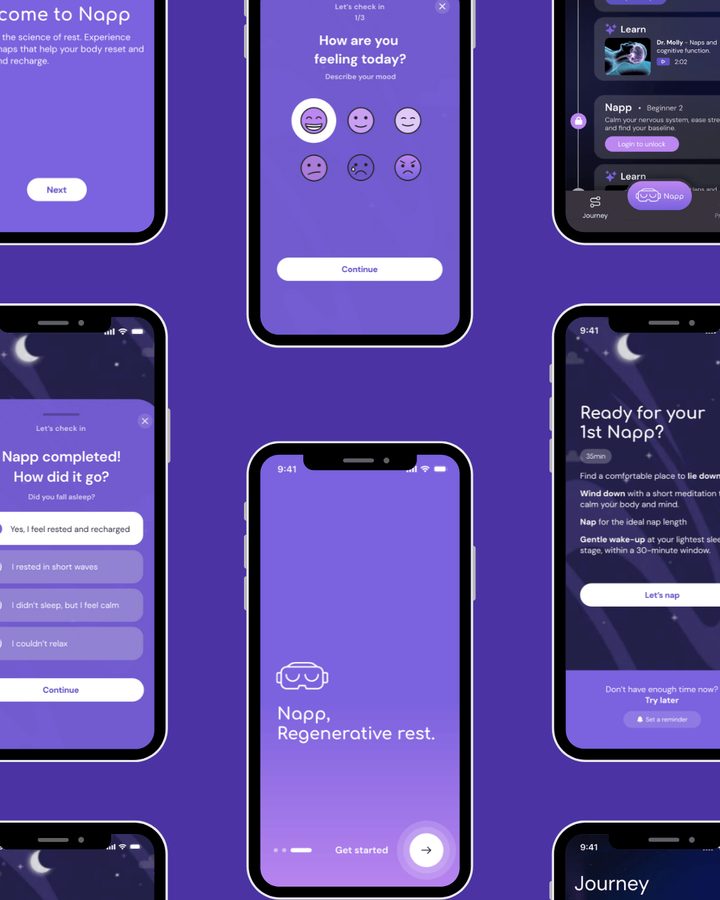 Collage of Napp app screens: mood check-in, session recap and the regenerative rest home screen
