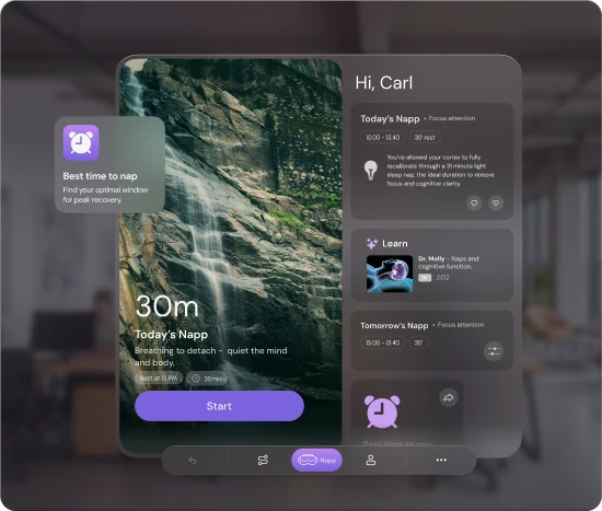 Two app screens: a 30-minute session over a waterfall, and the personalised home screen
