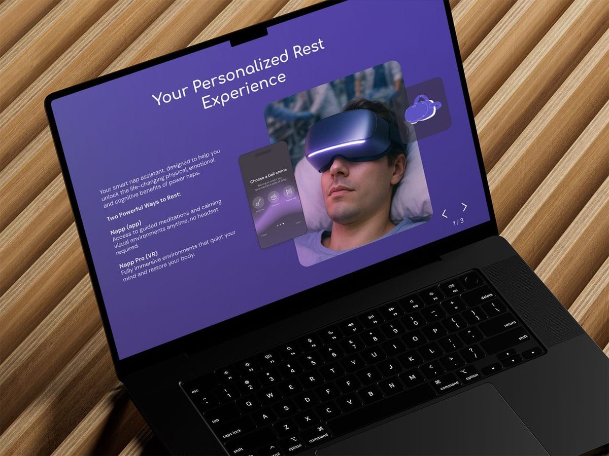 Napp marketing site on a laptop: 'Your Personalized Rest Experience' with app and VR options