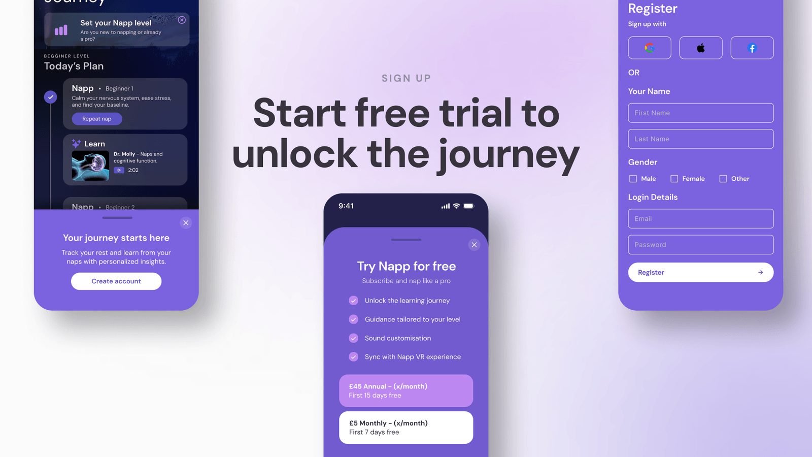 Napp sign-up: 'Start free trial to unlock the journey' with subscription plans and a registration form
