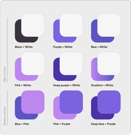 The Napp logo colour-pairing grid across purple, blue, pink and white combinations