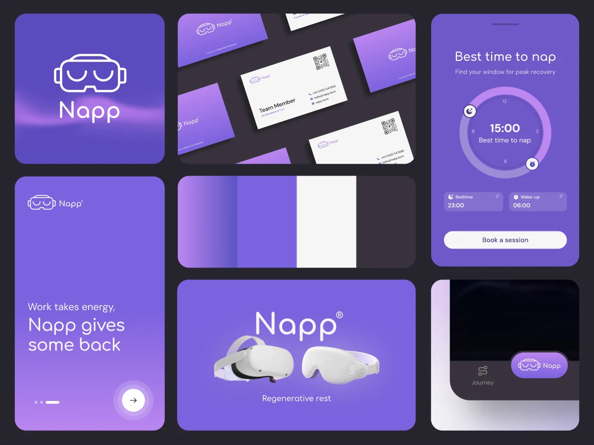 The Napp brand system: the goggles logo, business cards, the colour ramp, an app screen for the best time to nap, and the VR headset and sleep mask under the Napp wordmark.