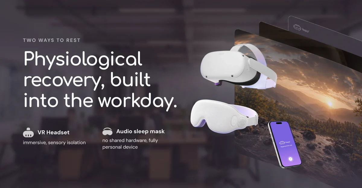 Two ways to rest: a VR headset for immersive sensory isolation and an audio sleep mask as a fully personal device, shown over an open-plan office.