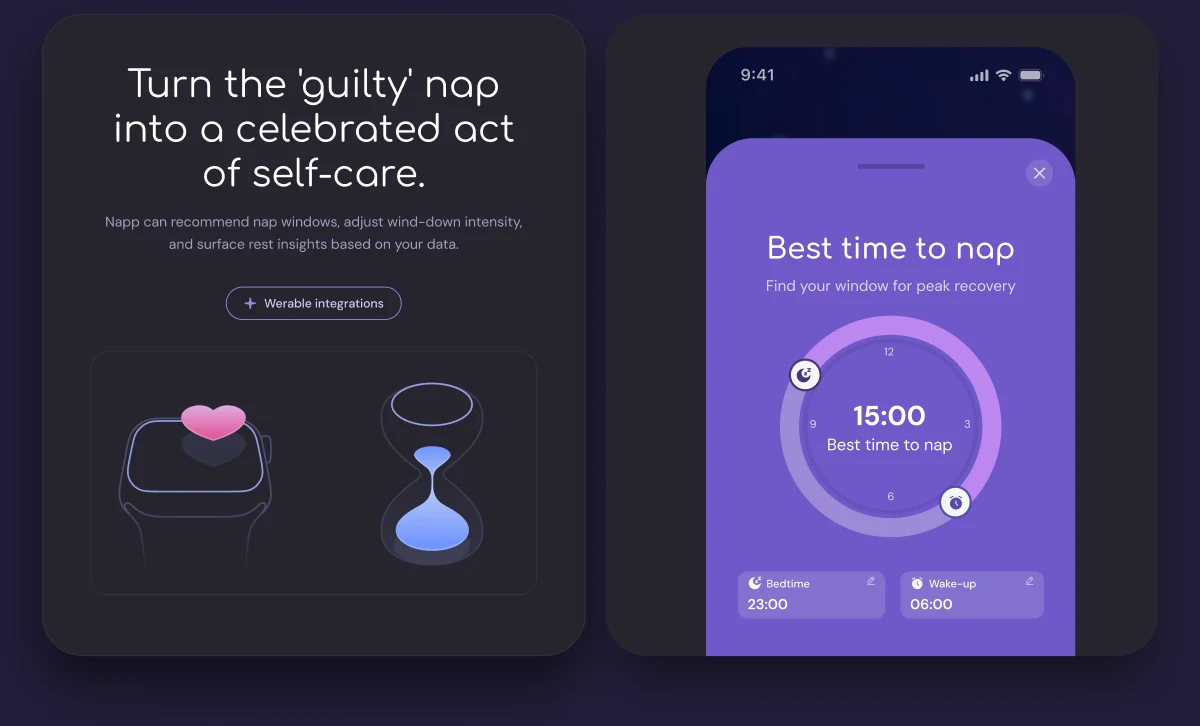 “Turn the ‘guilty’ nap into a celebrated act of self-care” beside the app's best-time-to-nap dial, showing how Napp recommends windows and adjusts wind-down intensity from a user's own data.