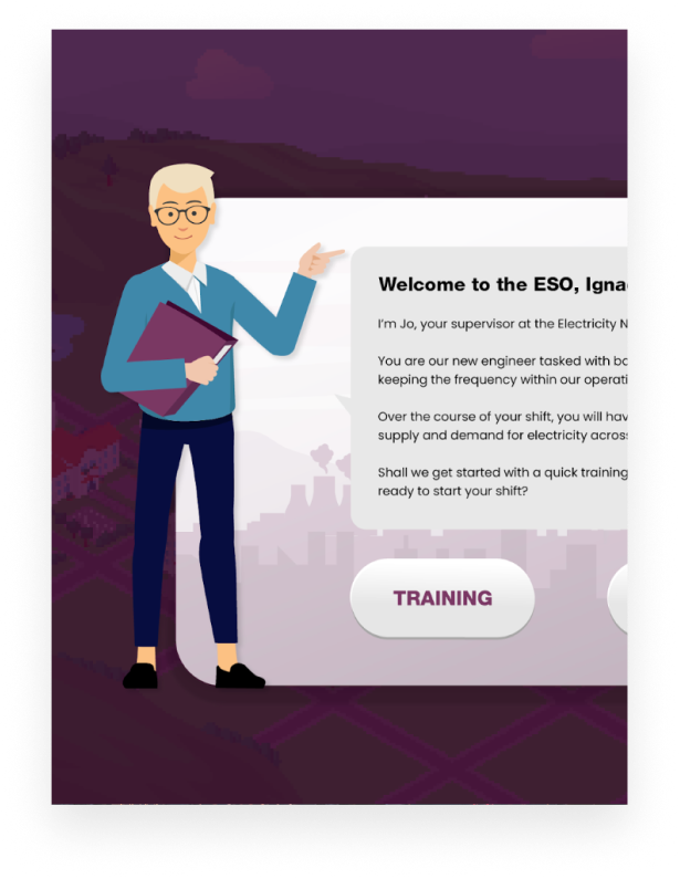 In-game briefing card: the supervisor introduces the player to the control-room shift