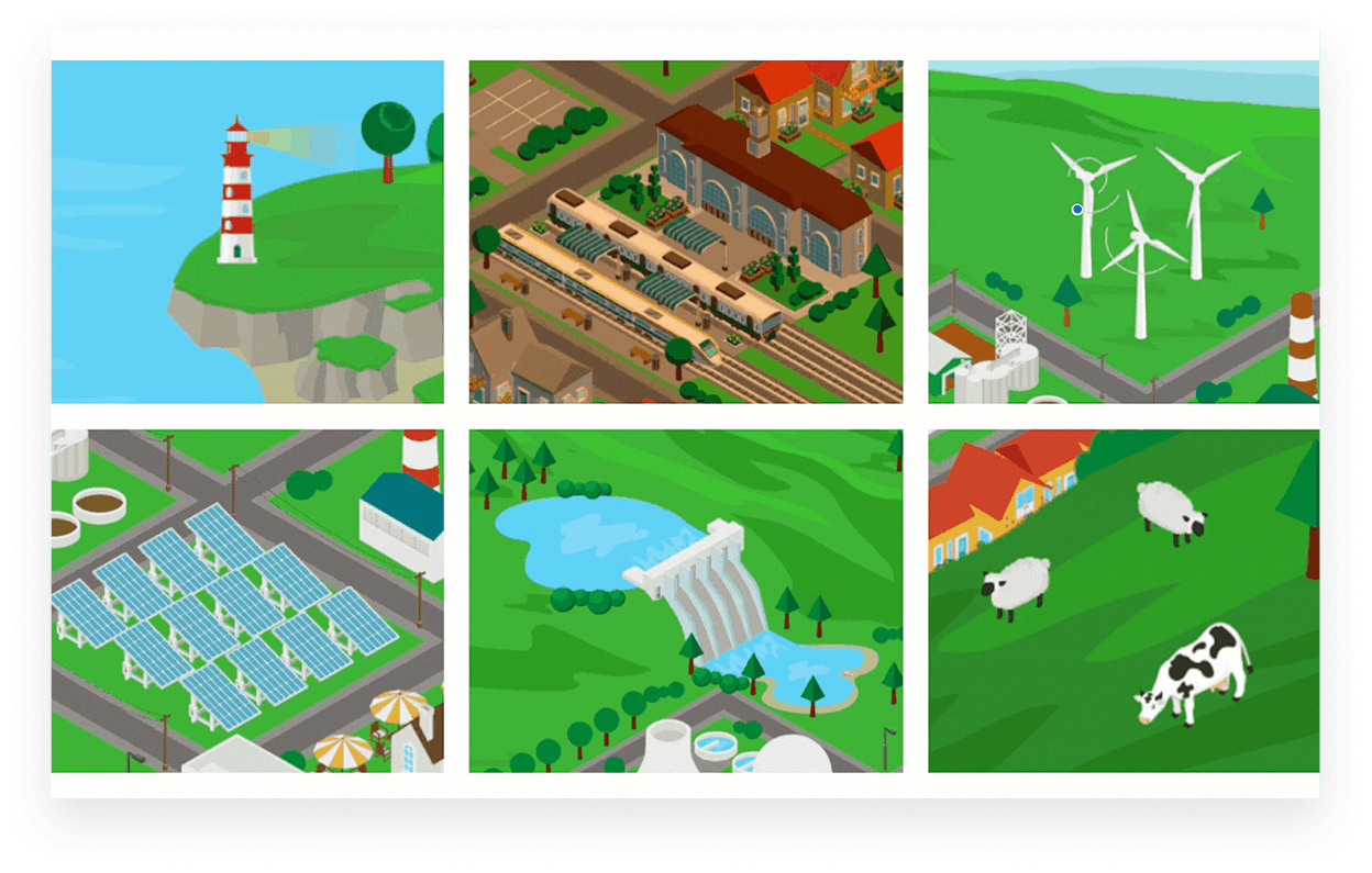 Isometric map at night showing the day-cycle mechanic and lit windows across the town