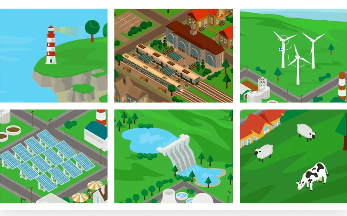 Isometric map at night showing the day-cycle mechanic and lit windows across the town