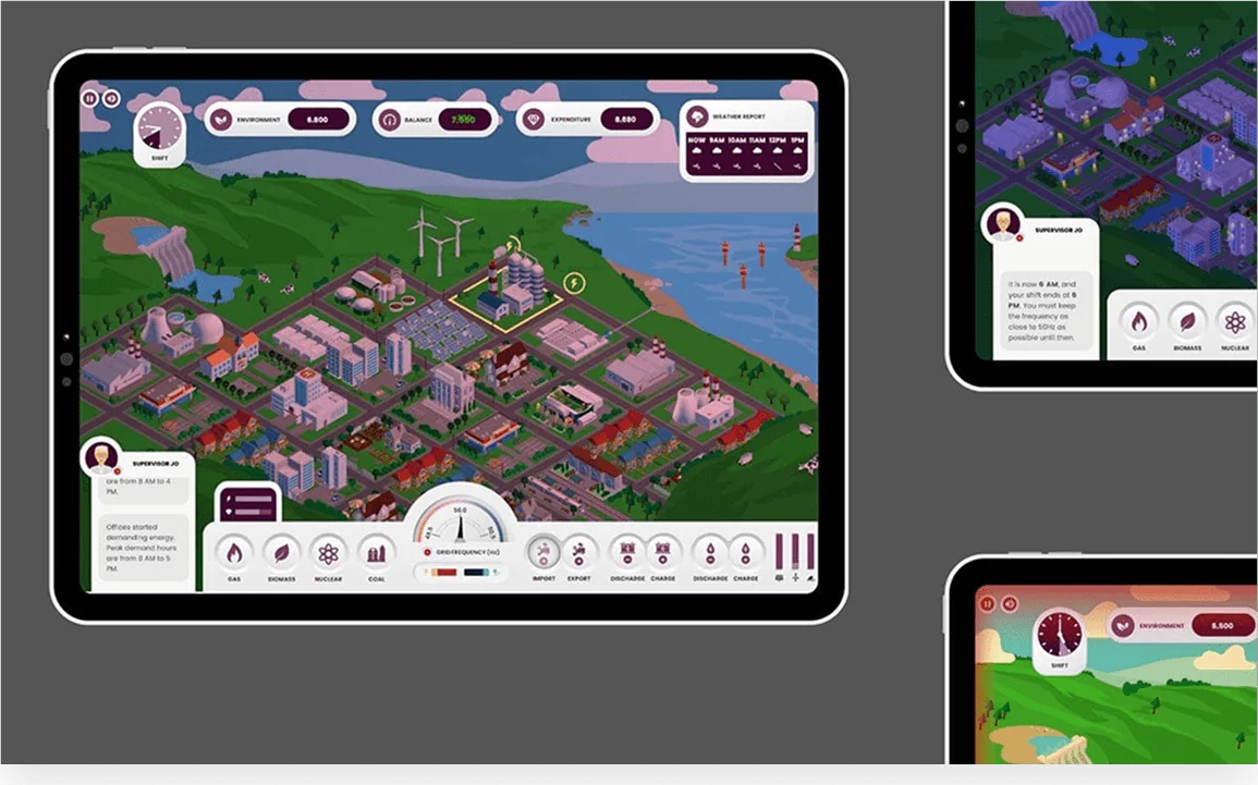 Balancing the Grid launch composition: game map, dashboard and Prime Minister press coverage