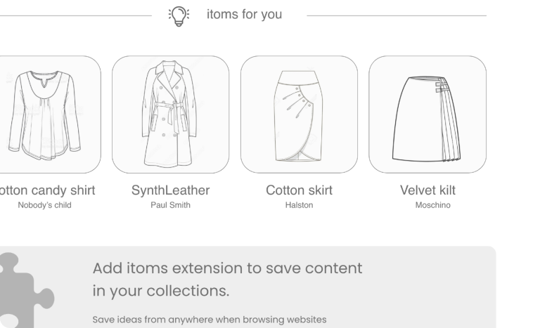 itoms for you: a row of personalised suggestion cards for a cotton candy shirt, SynthLeather coat, cotton skirt and velvet kilt