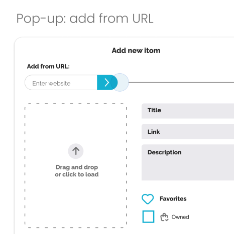 Add-new-itom pop-up: an Add-from-URL field with a drag-and-drop image tile, and title, link, description, Favorites and Owned inputs