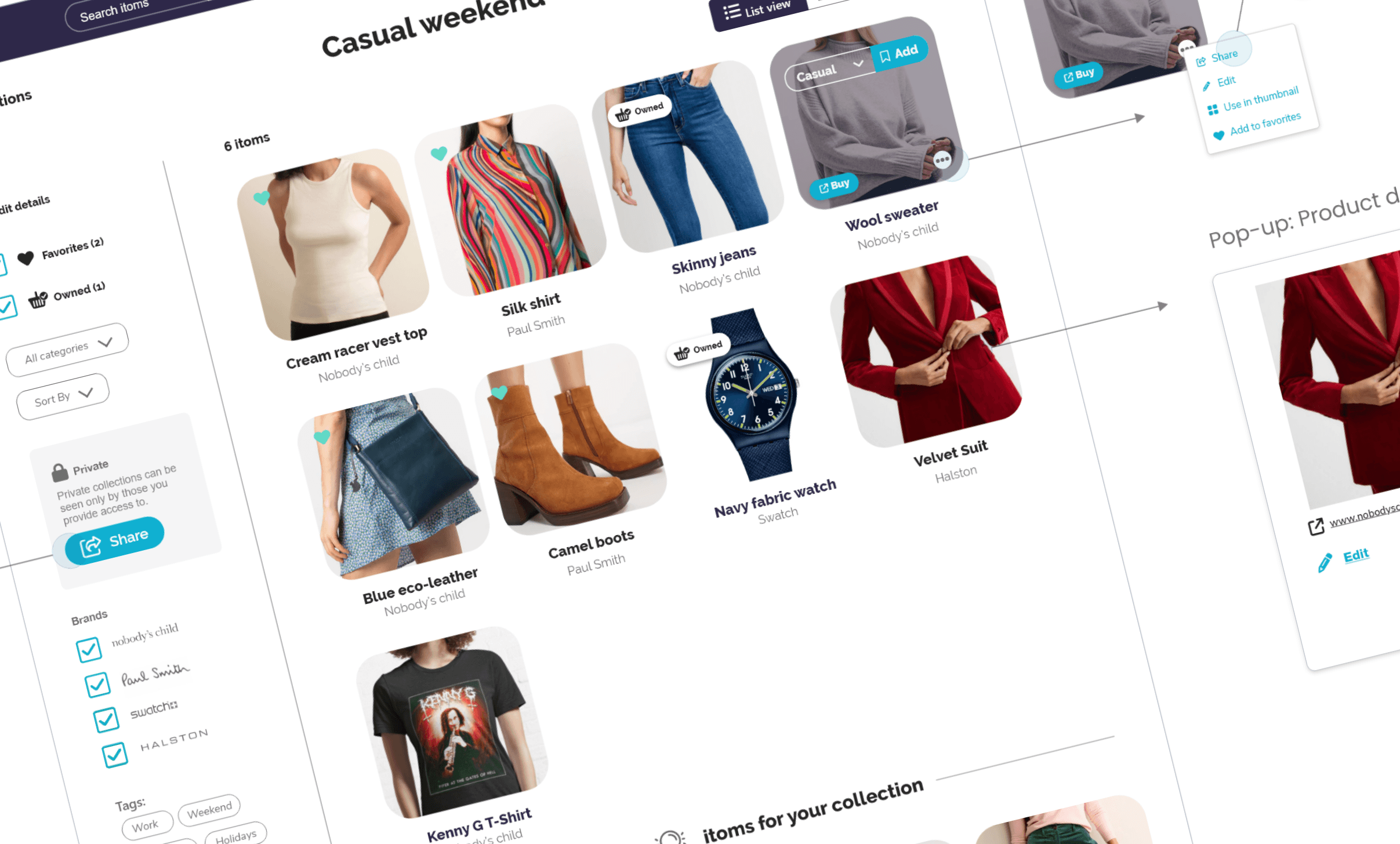 The Casual weekend collection open in the wardrobe: an item counter, a Buy-all-from-this-retailer link, the private-share card and a grid of saved garments with owned flags and brand tags