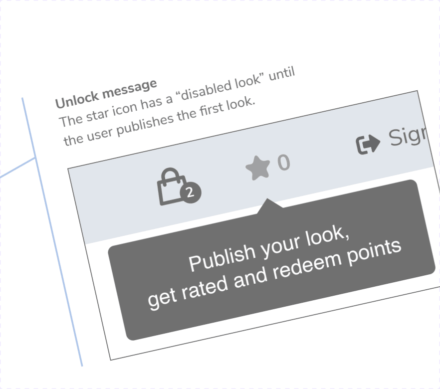 Wireframe detail of the Unlock message: a top bar with a bag icon showing two items and a star icon with a zero counter, and a tooltip below reading “Publish your look, get rated and redeem points”