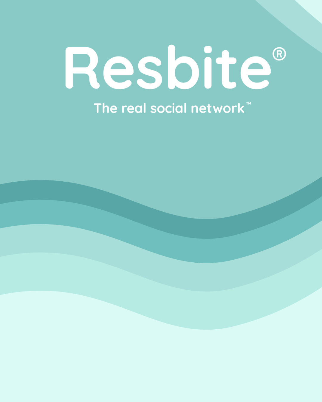 Resbite brand board: white 'Resbite — the real social network' wordmark on a soft teal background with layered mint-to-teal wave shapes