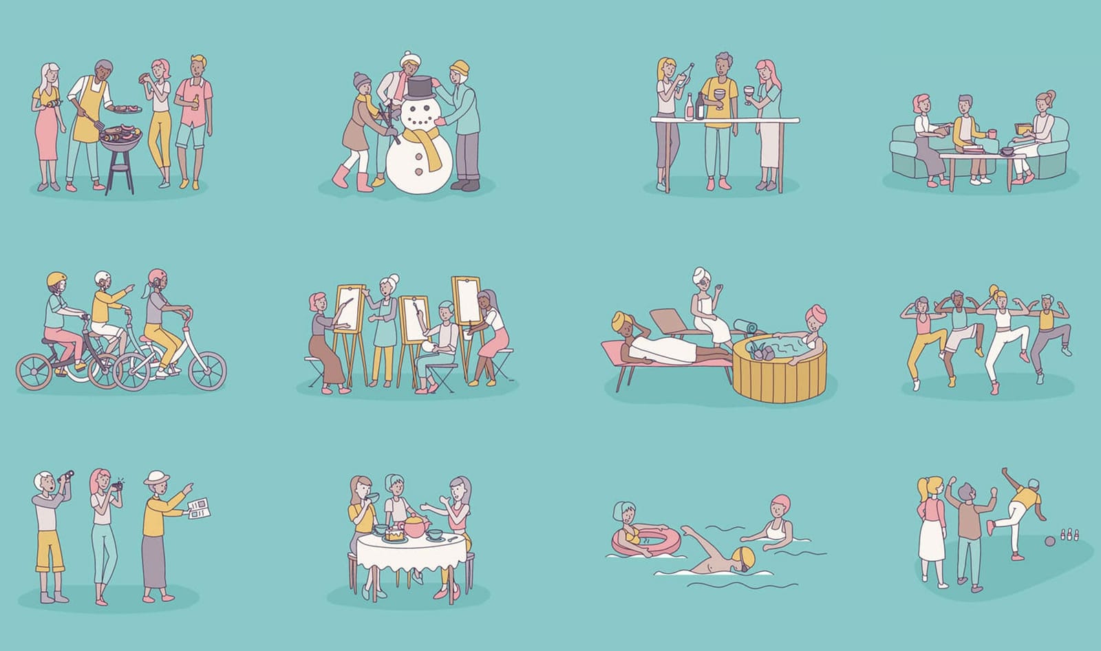Instagram grid preview of twelve teal-background flat-line illustrations of groups doing shared activities — grilling, building a snowman, wine tasting, cycling, painting, a spa, an exercise class, birdwatching, tea, swimming and bowling