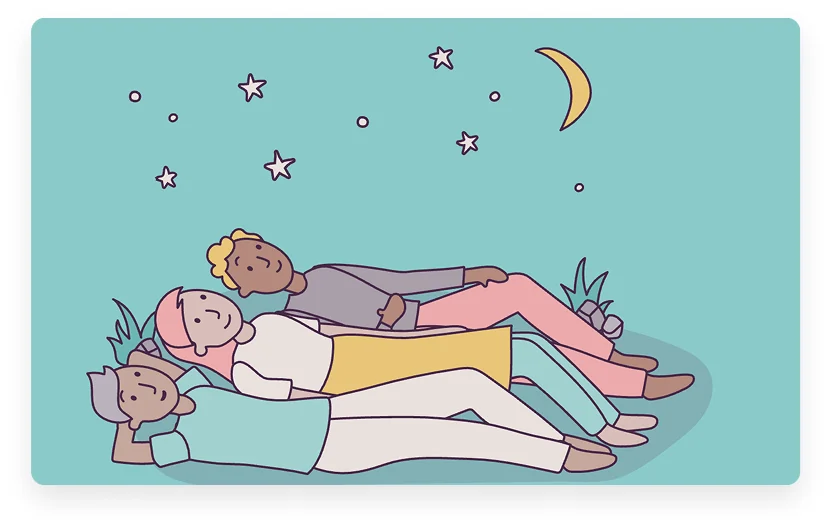 Illustration of three people resting together under a night sky