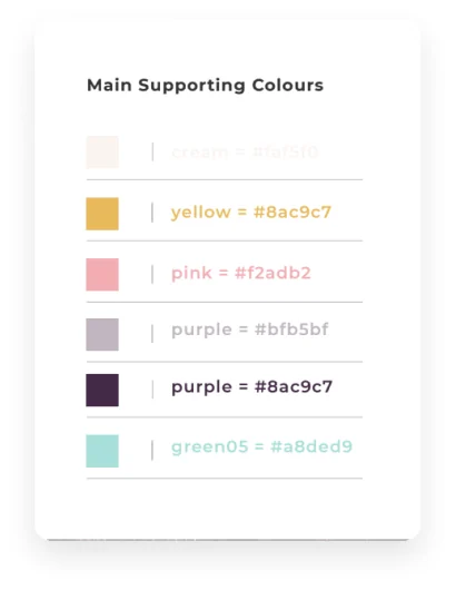 The brand's supporting colour palette with its hex values