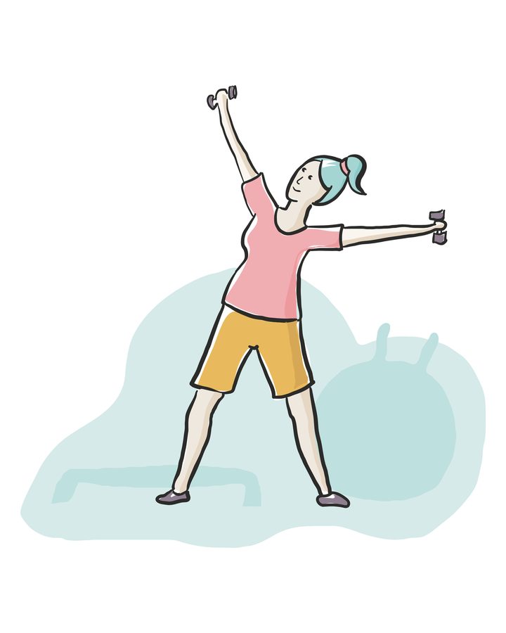 Flat-line illustration of a woman in workout clothes exercising with dumbbells in front of a pale teal exercise-ball shape