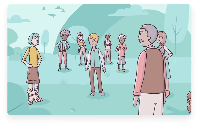 Illustration of a group of people of different ages standing together outdoors