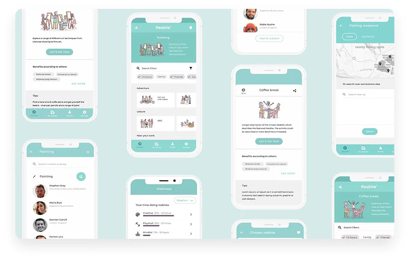 A grid of Resbite app screens covering discovery, planning and group chat