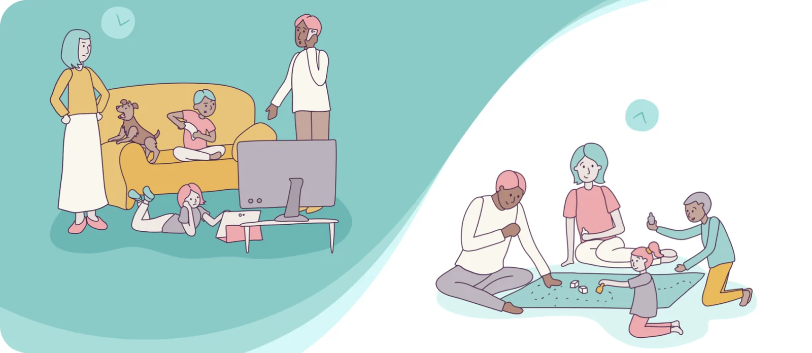 Two illustrated scenes side by side: a family absorbed in separate screens at home, and the same family playing a board game together on the floor.