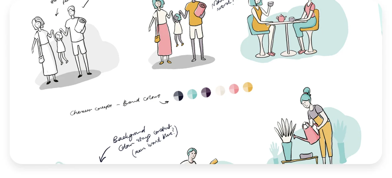 Character concept sketches with the brand colour swatches and handwritten notes on background and line weight.