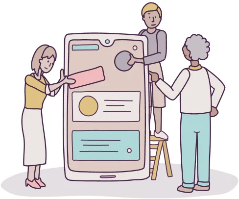 Illustration of three people assembling a giant phone screen together.
