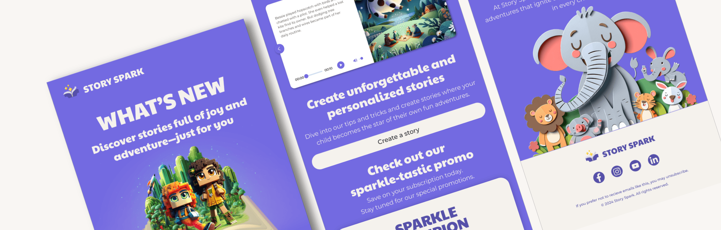 Responsive mobile mockups showing key screens of the redesigned Story Spark app.
