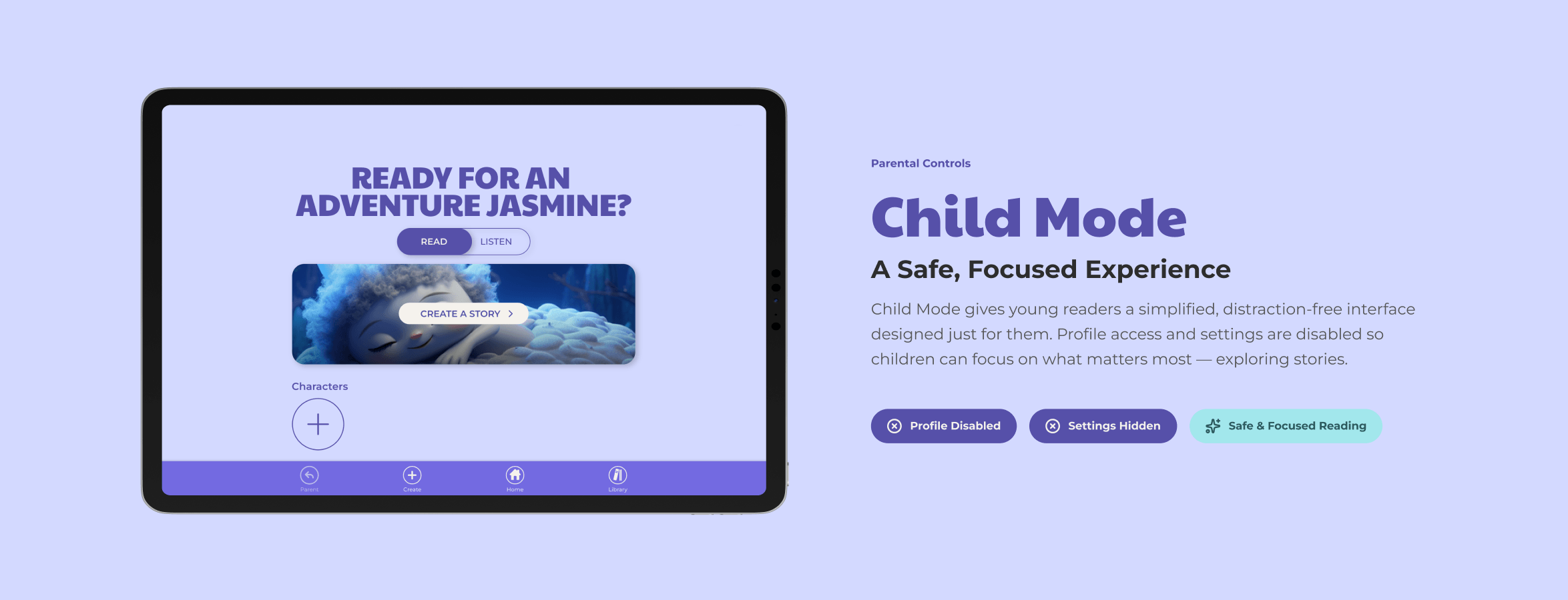 Child mode view of the Story Spark app shown on a tablet device.