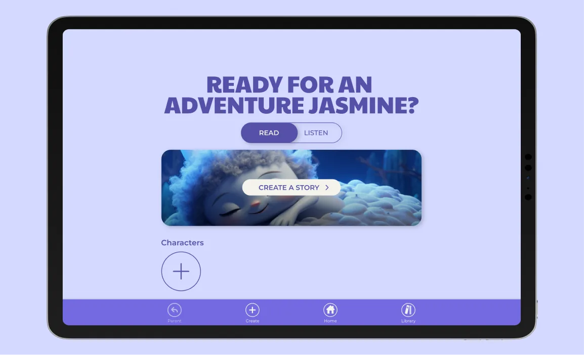 Tablet mockup of the child-facing app: “Ready for an adventure, Jasmine?” with Read, Listen and Create a Story