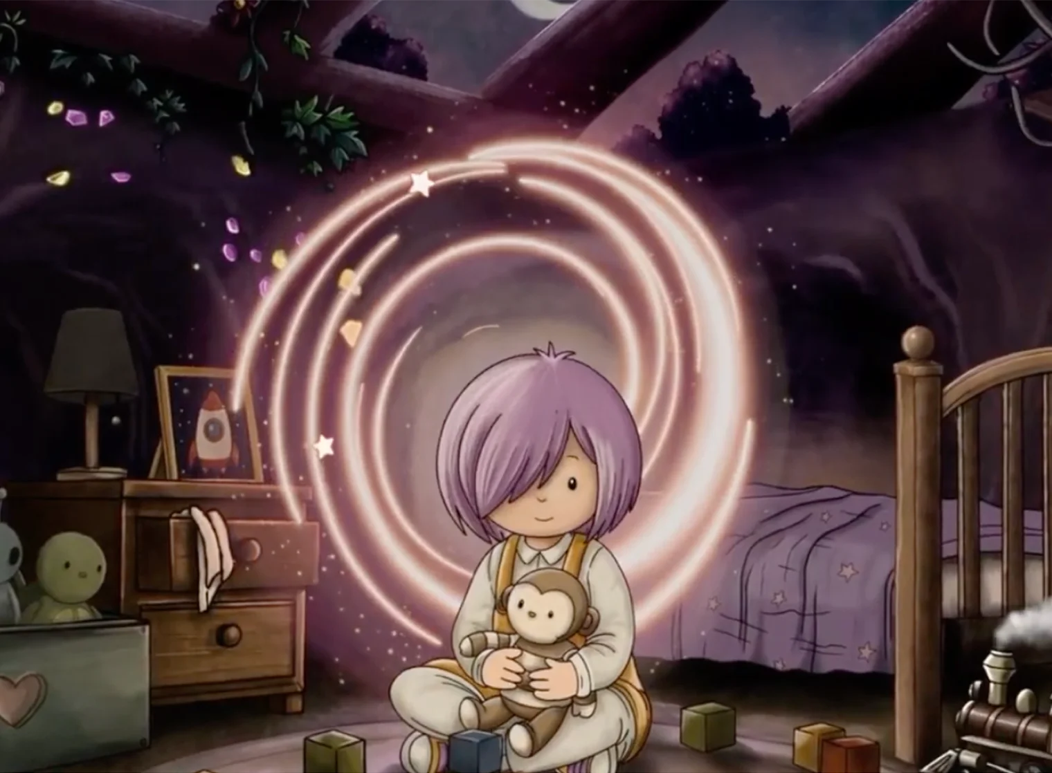Flo in a night garden with her rabbit, monkey and toad, the purple vortex opening behind her with a rocket, a castle, an owl and a pirate ship inside it