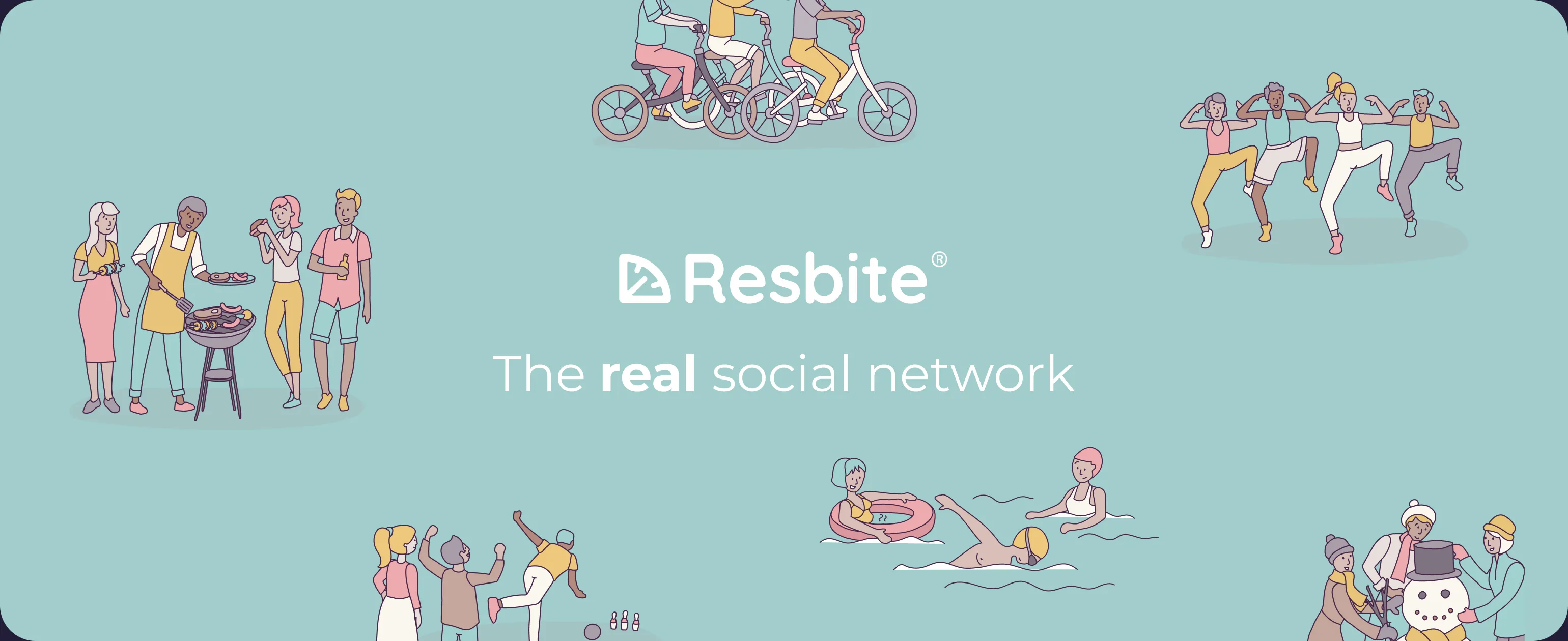 Resbite's teal launch banner: illustrated people cycling, dancing and swimming together